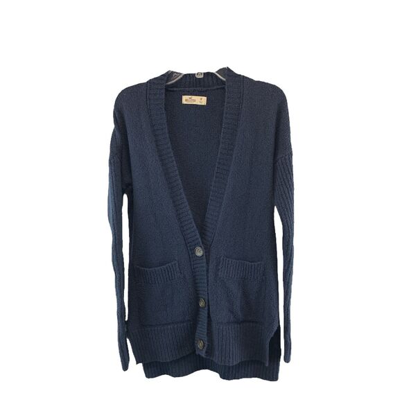 Hollister Womens Cardigan Sweater Navy Knit 3 Buttons Pockets V-Neck Size Medium - Picture 1 of 7